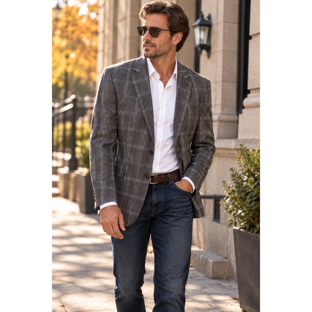 Executive Gray Linen Plaid Windowpane Blazer Sport Coat Jacket 2 Button Sz L